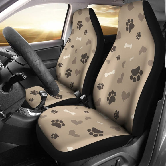 Beige With Brown Dog Love Pattern With Paw Prints Bones Hearts Car Seat Covers 101819 - YourCarButBetter