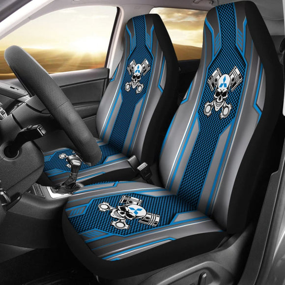 Black Blue Mechanic Skull Mitsubishi Car Seat Covers 210801 - YourCarButBetter