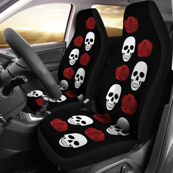 Black With Large Skulls And Roses Car Seat Covers 174510 - YourCarButBetter