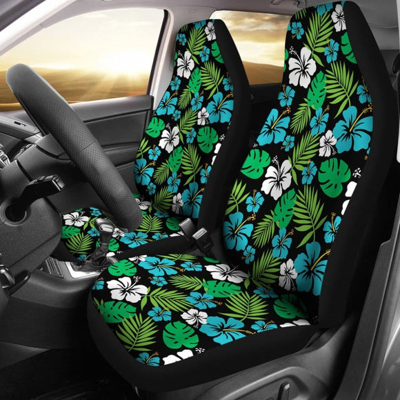 Blue And Green Hibiscus Flower Patten On Black Car Seat Covers 101819 - YourCarButBetter