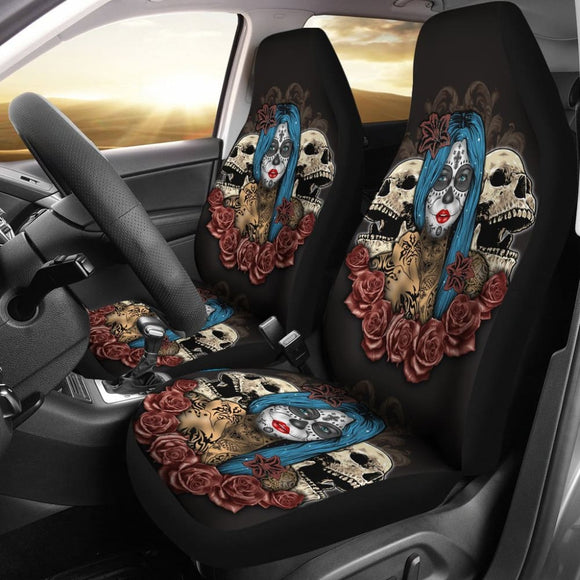 Blue Hair Sugar Skull Seat Covers 101819 - YourCarButBetter