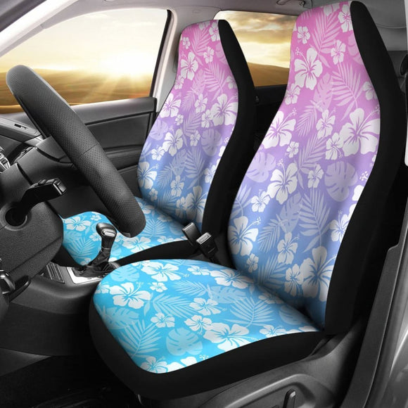Blue Purple And Pink Ombre With White Hibiscus Pattern Overlay Car Seat Covers 101819 - YourCarButBetter