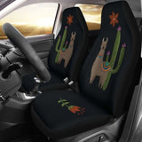 Brown Llama Car Seat Covers Chalky Style Cactus And Flower Design Printed On Black Fabric 102802 - YourCarButBetter