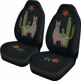 Brown Llama Car Seat Covers Chalky Style Cactus And Flower Design Printed On Black Fabric 102802 - YourCarButBetter