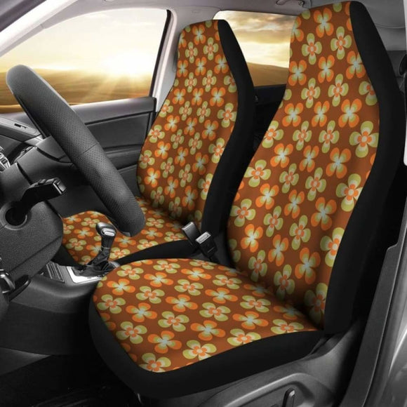 Brown With Retro Orange And Green Flower Pattern Car Seat Covers 094201 - YourCarButBetter