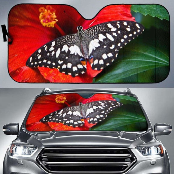 Butterfly Bright Red Hibiscus Bloom Car Sun Shade 172609 - YourCarButBetter