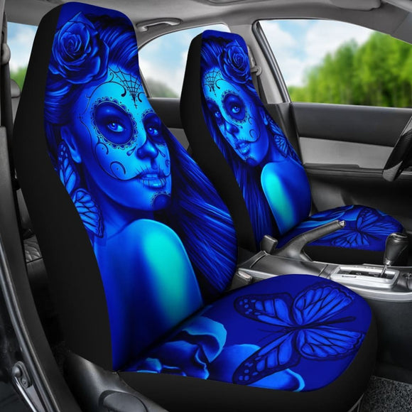 Calavera Fresh Look Design #2 Car Seat Covers (Blue Elusive Rose) - 174510 - YourCarButBetter