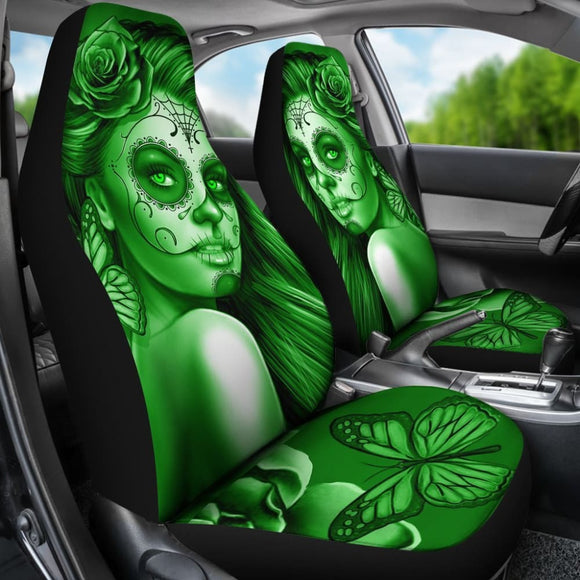 Calavera Fresh Look Design #2 Car Seat Covers (Green Lime Rose) - 174510 - YourCarButBetter