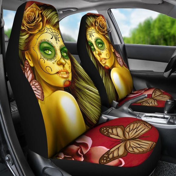 Calavera Fresh Look Design #2 Car Seat Covers (Yellow Smiley Face Rose) - 174510 - YourCarButBetter