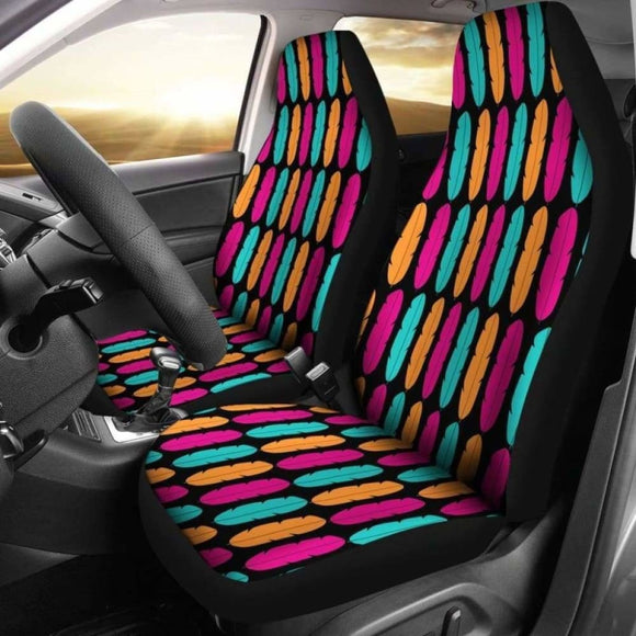 Colorful Boho Feathers On Black Background Car Seat Covers Pink Teal And Orange 105905 - YourCarButBetter