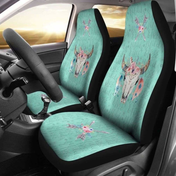 Cow Skull Boho Wild And Free Script Background Car Seat Covers Turquoise 144730 - YourCarButBetter