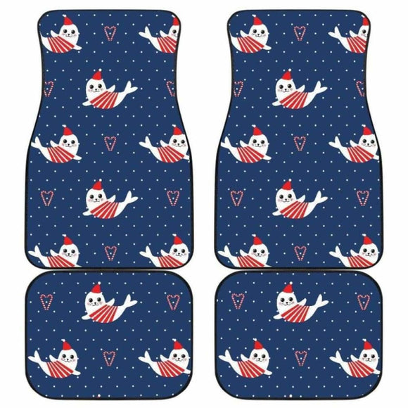 Cute Sea Lion Seal Christmas Hat Candy Cane Heart Pattern Front And Back Car Mats 110728 - YourCarButBetter