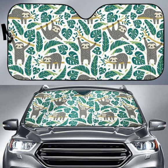 Cute Sloths Tropical Palm Leaves White Background Car Auto Sun Shades 172609 - YourCarButBetter