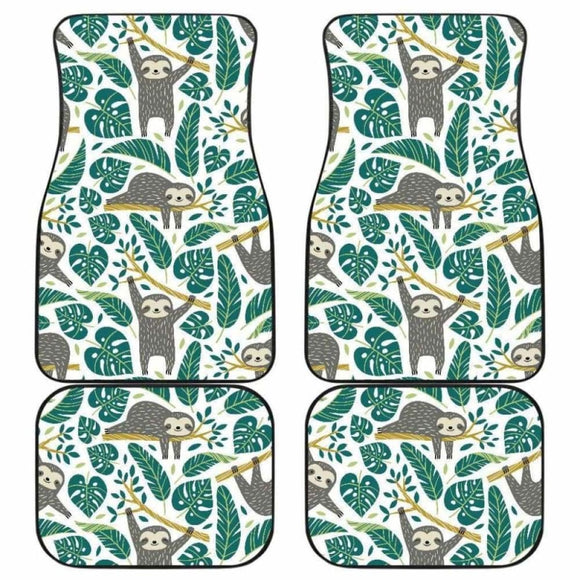 Cute Sloths Tropical Palm Leaves White Background Front And Back Car Mats 144902 - YourCarButBetter