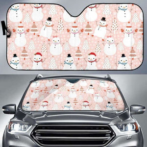 Cute Snowman Christmas Tree Snowpink Background Car Auto Sun Shades 172609 - YourCarButBetter