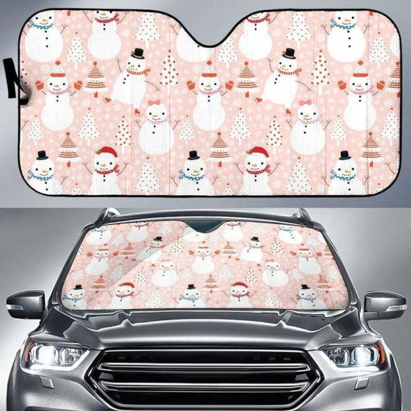 Cute Snowman Christmas Tree Snowpink Background Car Auto Sun Shades 172609 - YourCarButBetter