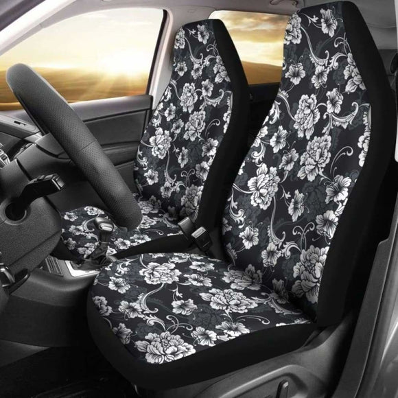 Dark Gray And White Baroque Flower Car Seat Covers 153908 - YourCarButBetter