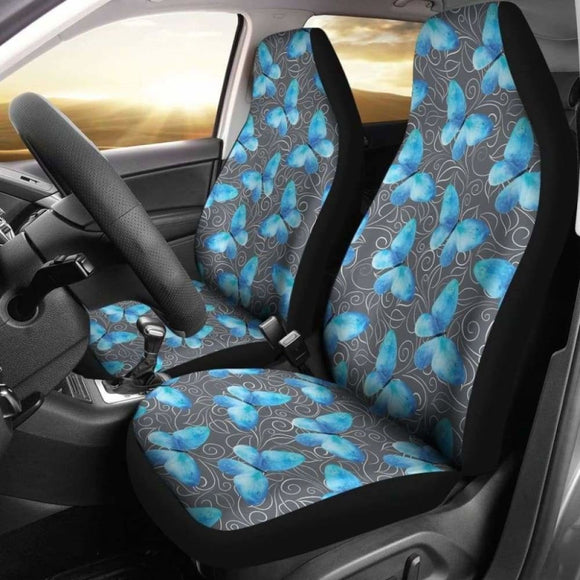 Dark Gray White Leaves Background With Blue Butterfly Car Seat Covers 174914 - YourCarButBetter