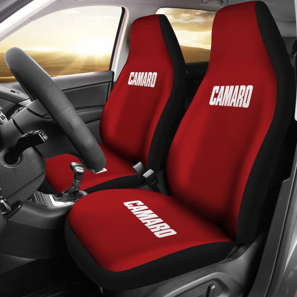 Dark Red Camaro White Letter Car Seat Covers 211004 - YourCarButBetter