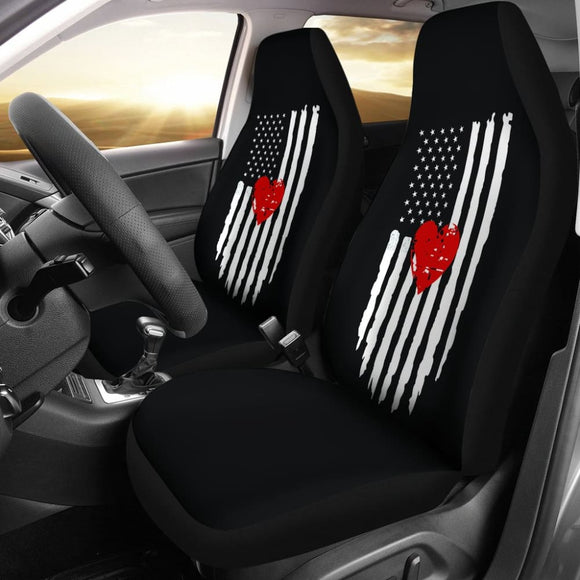 Distressed American Flag With Heart Car Seat Covers Set In Black 101819 - YourCarButBetter