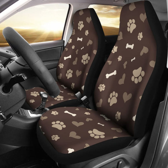 Dog Love In Brown With Dog Paws Bones And Hearts Pattern Car Seat Covers 101819 - YourCarButBetter