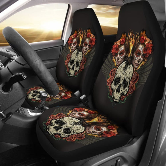 Fire Sugar Skull Car Seat Covers 101819 - YourCarButBetter