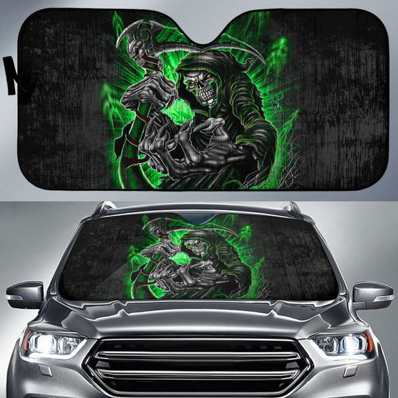 Gray And Green Gothic Skull Grim Reaper Car Auto Sun Shades 210201 - YourCarButBetter