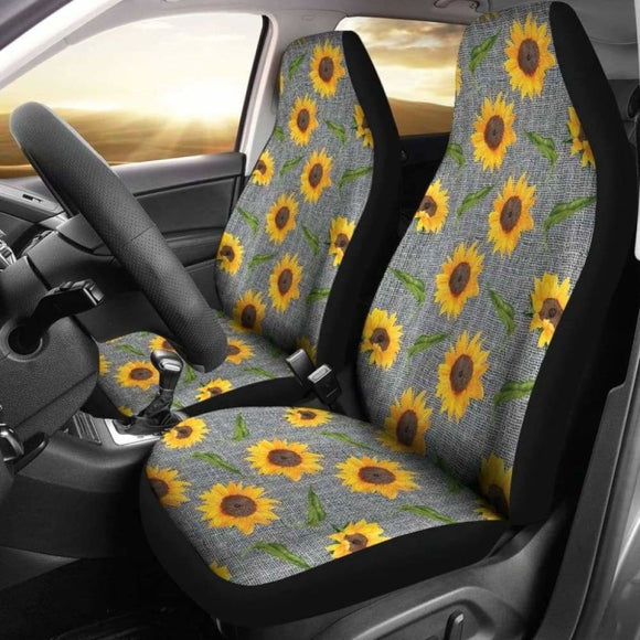 Gray Burlap Style Background With Sunflower Pattern Car Seat Covers 105905 - YourCarButBetter
