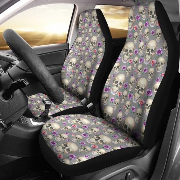 Gray With Skulls And Pink And Purple Roses Car Seat Covers Seat Protectors 174510 - YourCarButBetter