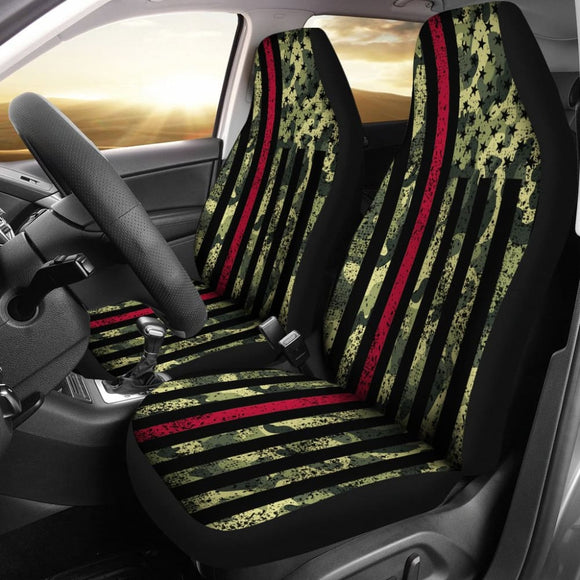 Green Themed American Flag Thin Red Line Car Seat Covers 211803 - YourCarButBetter
