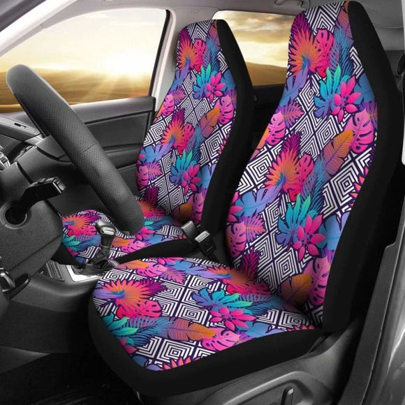 Hawaiian Tropical Exotic Leaves And Flowers On Geometrical Ornament. Car Seat Cover - 174914 - YourCarButBetter