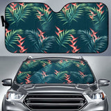 Heliconia Flowers Palm And Monstera Leaves On Black Background Pattern Car Auto Sun Shades 182102 - YourCarButBetter