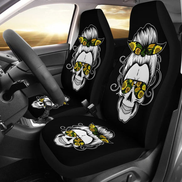 Messy Bun Skull for Women Sunflower Bandana Halloween Premium Car Seat Covers 212103 - YourCarButBetter