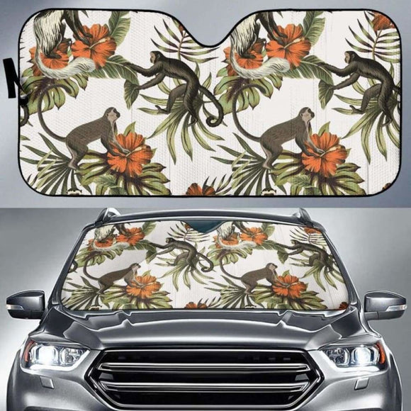 Monkey Red Hibiscus Flower Palm Leaves Floral Pattern Car Auto Sun Shades 104020 - YourCarButBetter