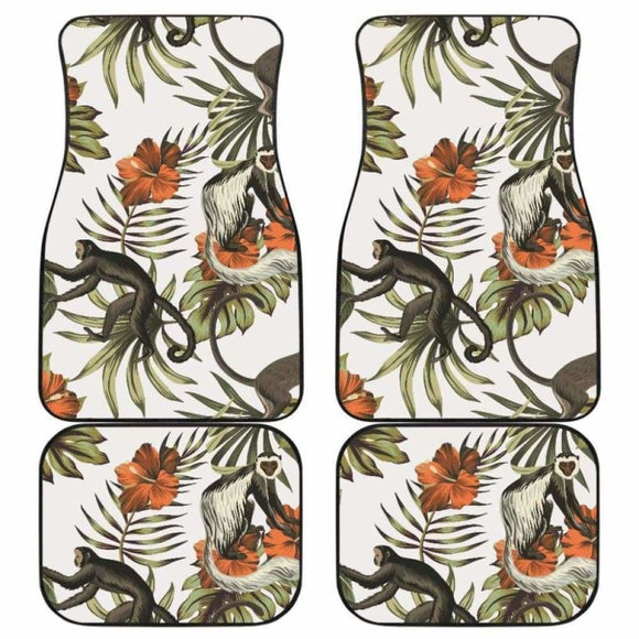 Monkey Red Hibiscus Flower Palm Leaves Floral Pattern Front And Back Car Mats 232125 - YourCarButBetter