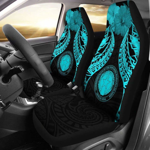 Northern Mariana Islands Polynesian Car Seat Covers Pride Seal And Hibiscus Neon Blue - 232125 - YourCarButBetter