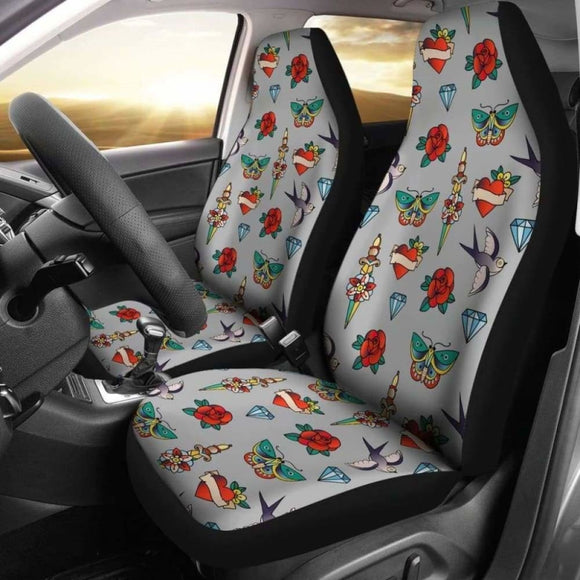 Old School Tattoo Traditional Vintage Style Pattern On Gray Car Seat Covers 174914 - YourCarButBetter