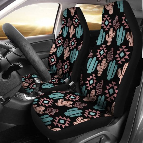 Pastel Turquoise And Rose Cactus Boho Pattern On Black Car Seat Covers 174510 - YourCarButBetter