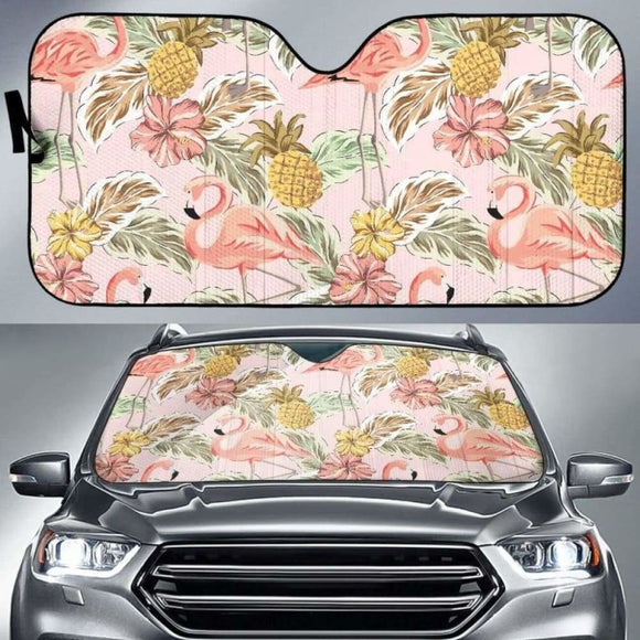 Pink Flamingo Birds Pineapples Hibiscus Flower Pattern Car Auto Sun Shades 172609 - YourCarButBetter