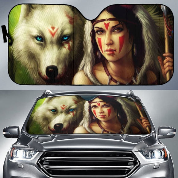 Princess With Wolf 3D Native American Auto Sun Shades 093223 - YourCarButBetter