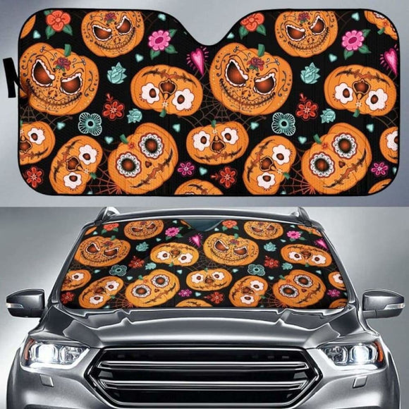 Pumpkin Flowers Spiderweb Halloween Theme Car Auto Sun Shades 085424 - YourCarButBetter