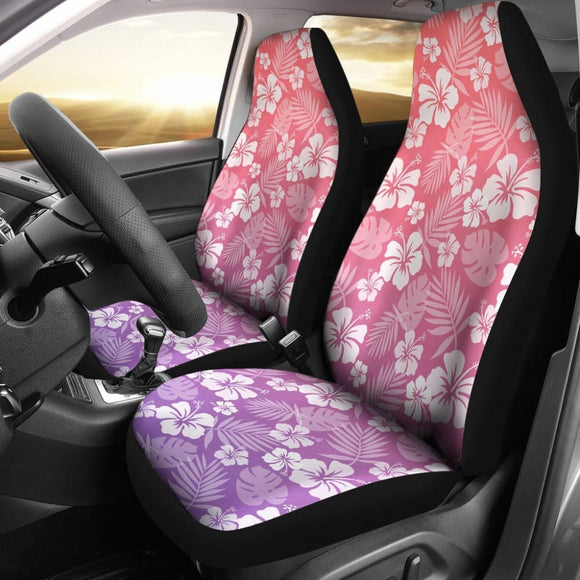 Purple And Coral Ombre Car Seat Covers With White Hibiscus Flower Pattern Overalay 101819 - YourCarButBetter