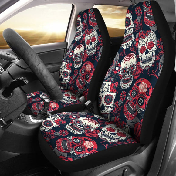 Red & White Sugar Skull Car Seat Covers 101819 - YourCarButBetter