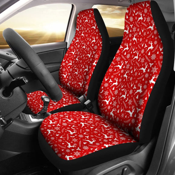 Reindeer Snowflake Christmas Tree On Red Theme Car Seat Covers 210601 - YourCarButBetter