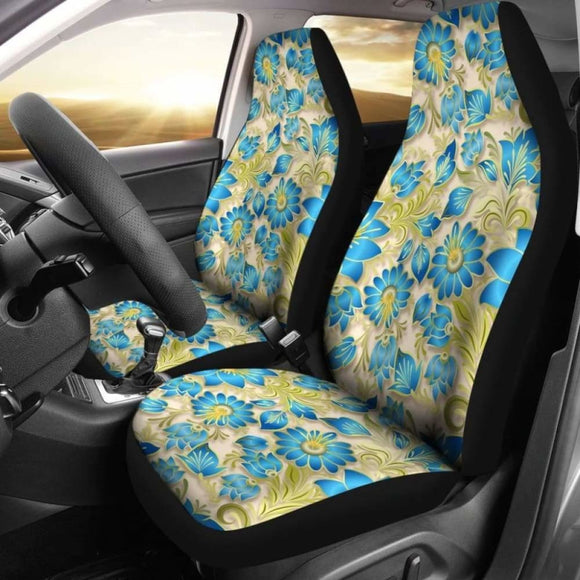 Retro Blue Flowers On Light Tan Car Seat Covers 094201 - YourCarButBetter