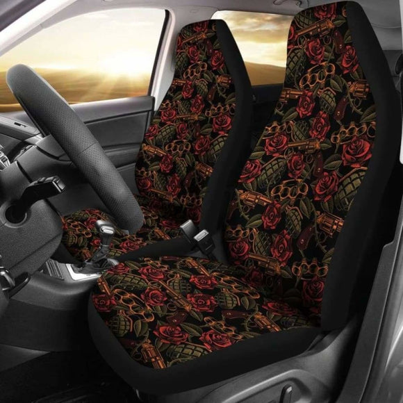 Roses With Grenades Guns And Brass Knuckles Car Seat Covers Weapons Pattern Seat Protectors 174914 - YourCarButBetter