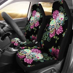 Set 2 Pcs Floral Sugar Skull Car Seat Covers 101207 - YourCarButBetter