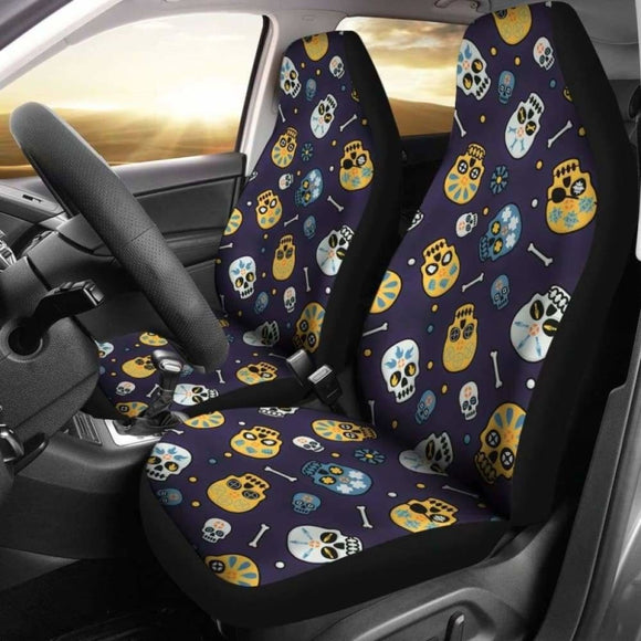 Set 2 Pcs Floral Sugar Skull Day Of The Dead Skull Car Seat Covers 101207 - YourCarButBetter