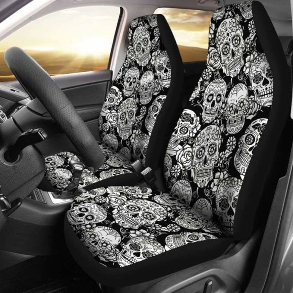 Set 2 Pcs Floral Sugar Skull Day Of The Dead Skull Car Seat Covers 101207 - YourCarButBetter