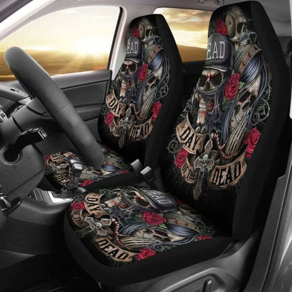 Set 2 Pcs Gothic Day Of The Dead Sugar Skull Car Seat Covers 172727 - YourCarButBetter